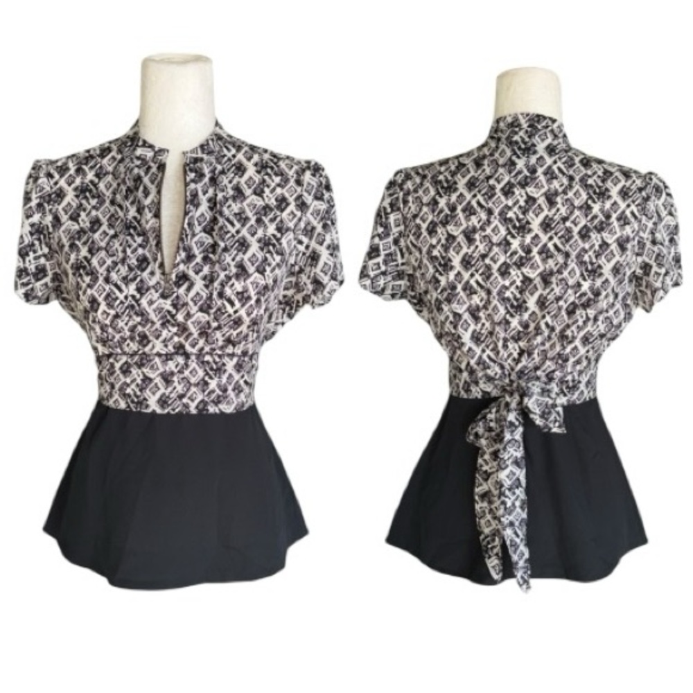 LN Anthropologie Girls From Savoy Black & White Bow Tie Back Peplum Blouse - 4